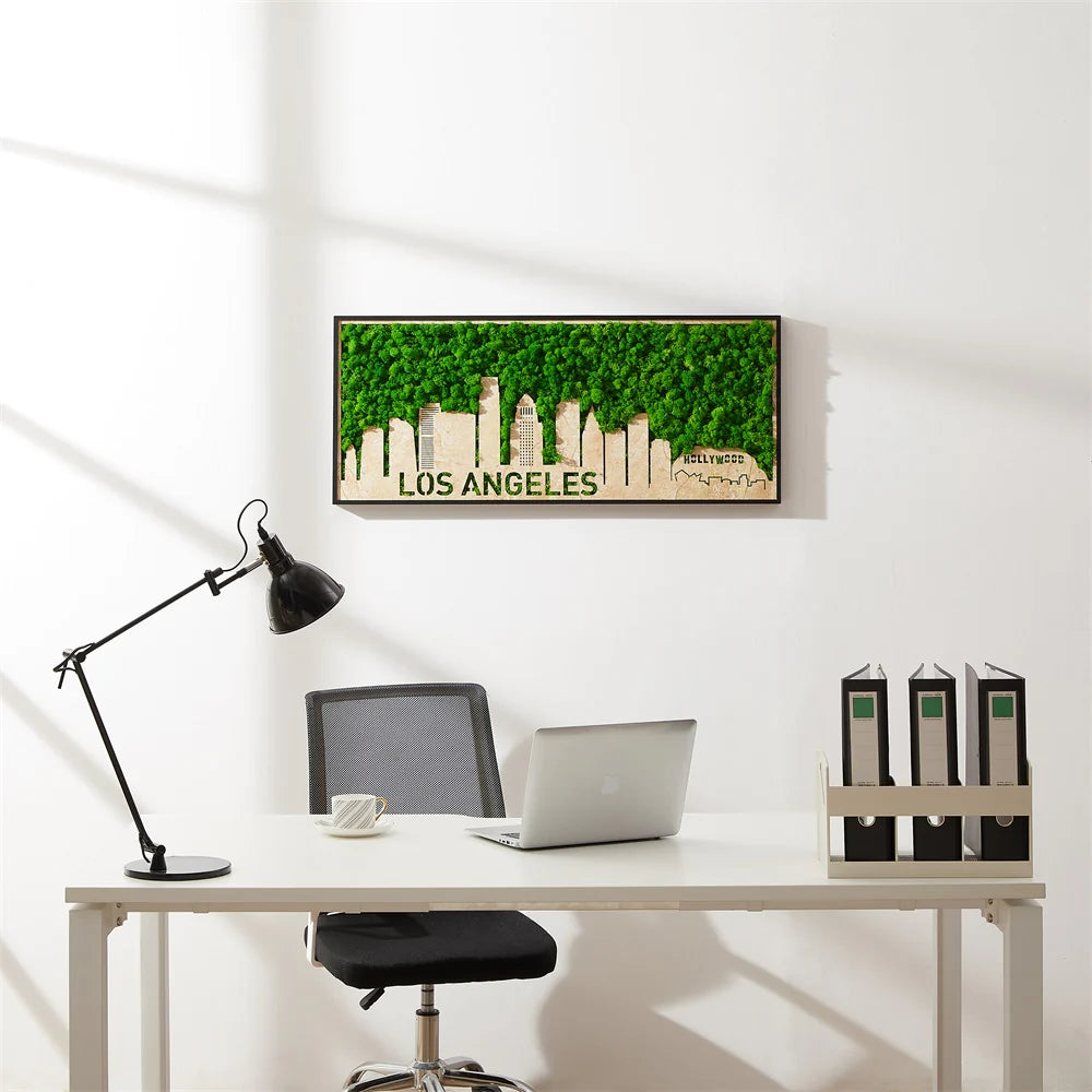 Modern LA Skyline Wall Art | Preserved Moss Hanging Frame Decor 36 in. x 17.6 in.