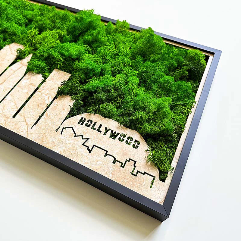 Modern LA Skyline Wall Art | Preserved Moss Hanging Frame Decor 36 in. x 17.6 in.